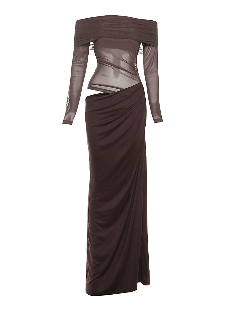 Schwarz 1980er Solide Schulterfrei Netz Cut-Out Durchsichtig Kleid