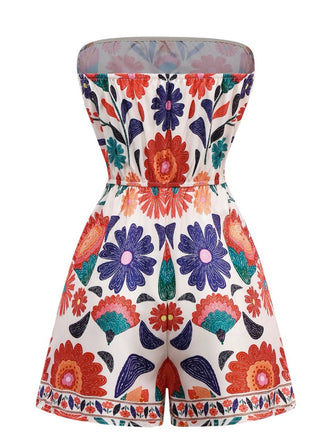 Multicolor 1960er Blumen Bandeau Rückenfrei Romper