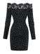 Schwarz 1980er Spitze Schulterfrei Silber Spritzer Enges Kleid