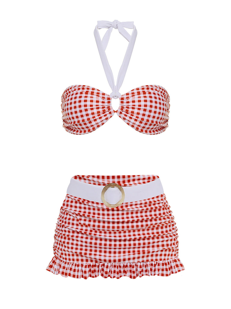 RETRO ROTES KARIERTES HALFTER BIKINI-SET