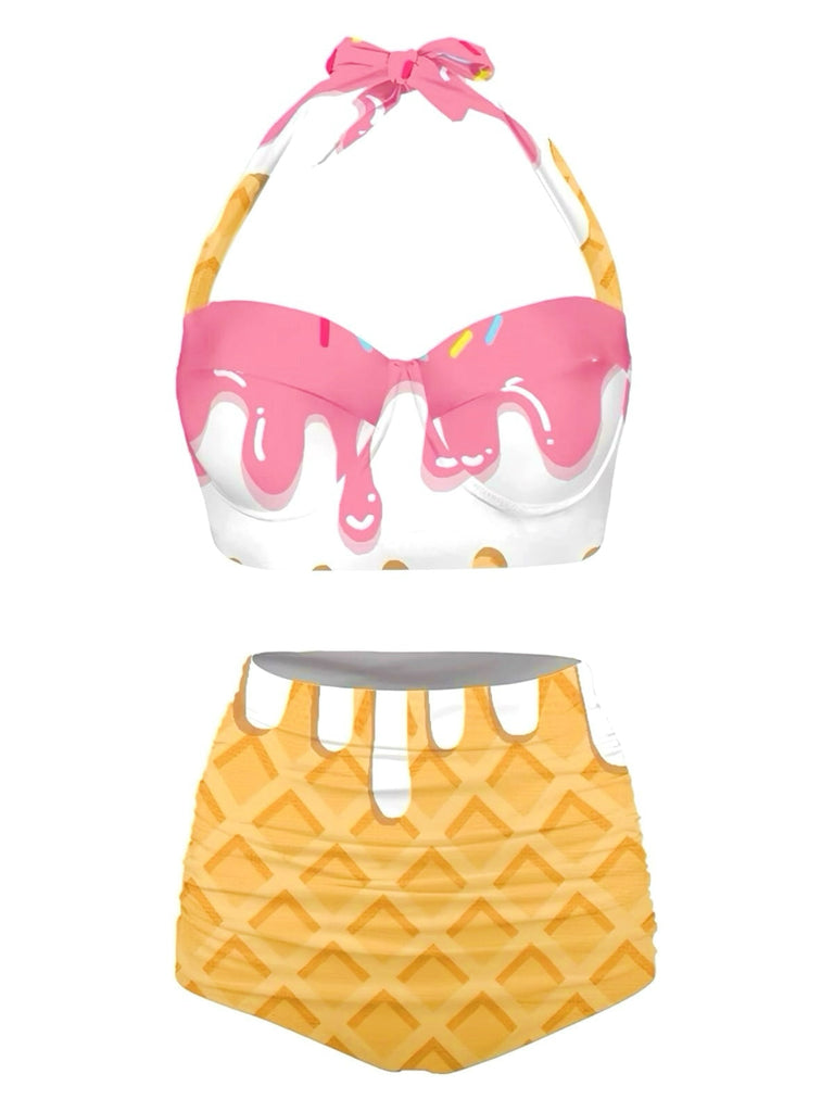 Rosa 1970er Halter Eistüte High-Waist Bikini