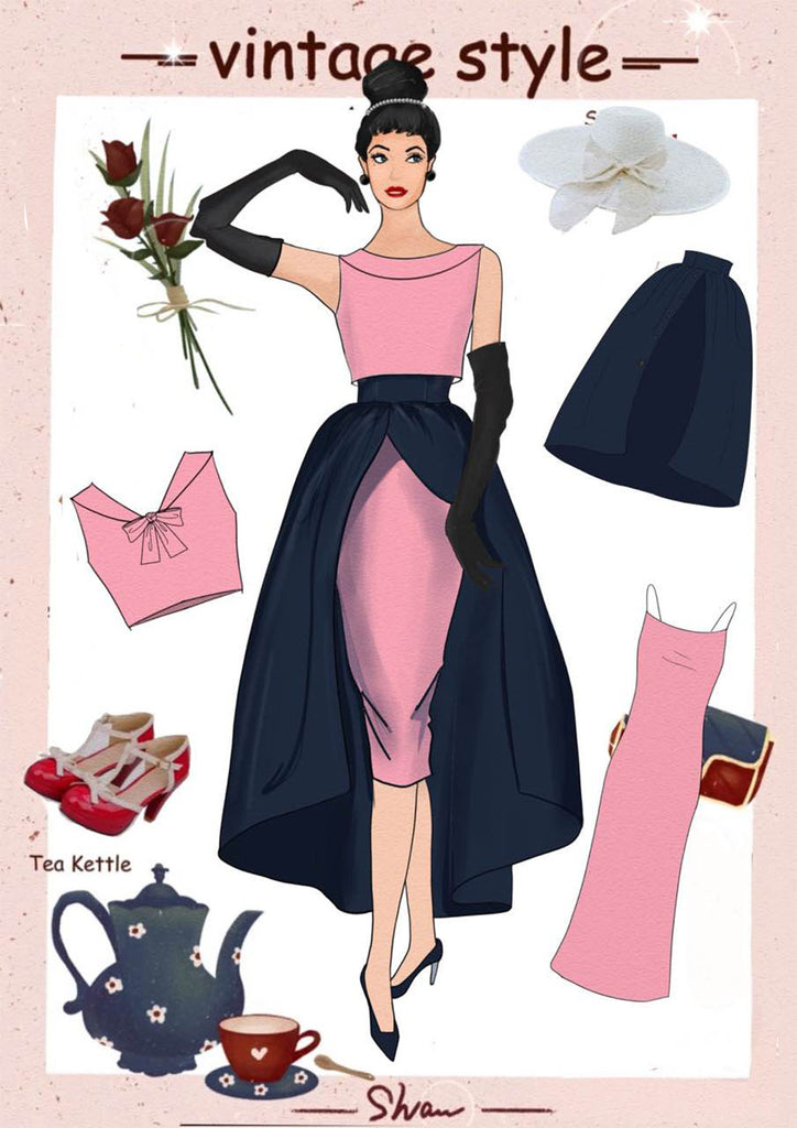 3PCS Rosa 1960er Schleifenbluse & Spaghettikleid & Regenschirm-Rock