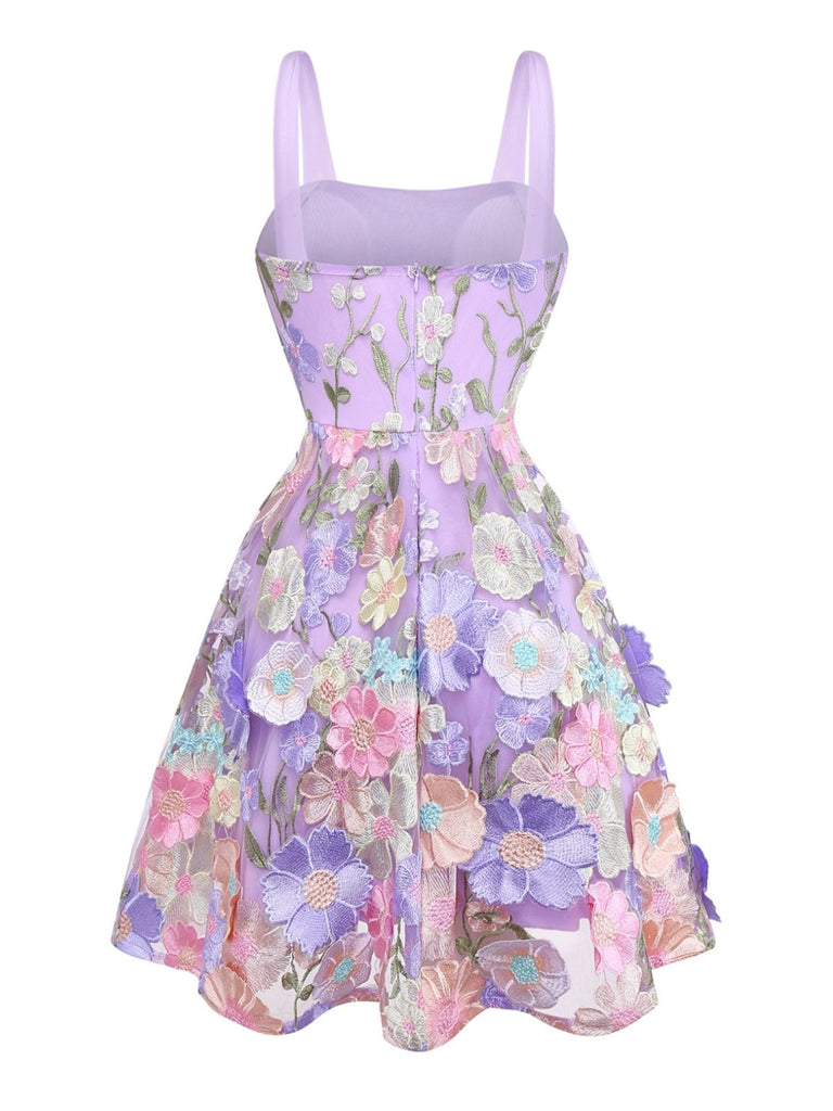 Lila 1950er Blumen Stickerei Netz A-Linie Kleid