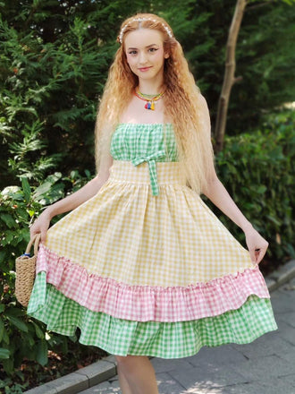 Multicolor 1950er Baumwolle Breit-Träger Plaid Patchwork Kleid