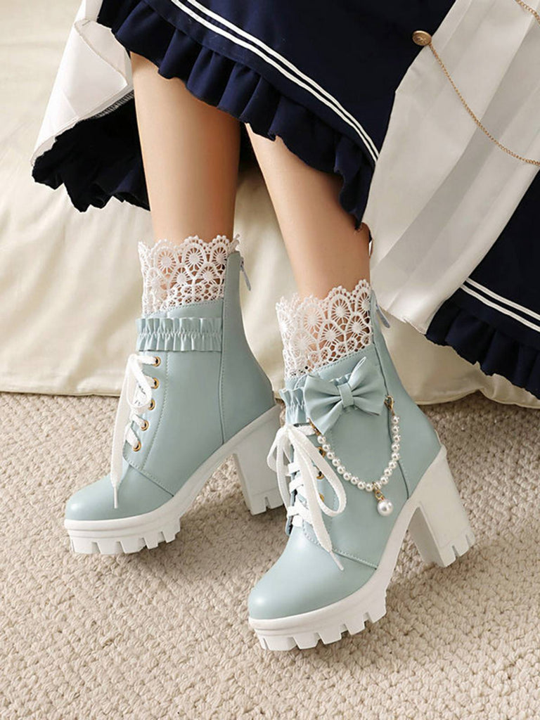 Vintage Spitze Perlen Bogen Blockabsatz Stiefel