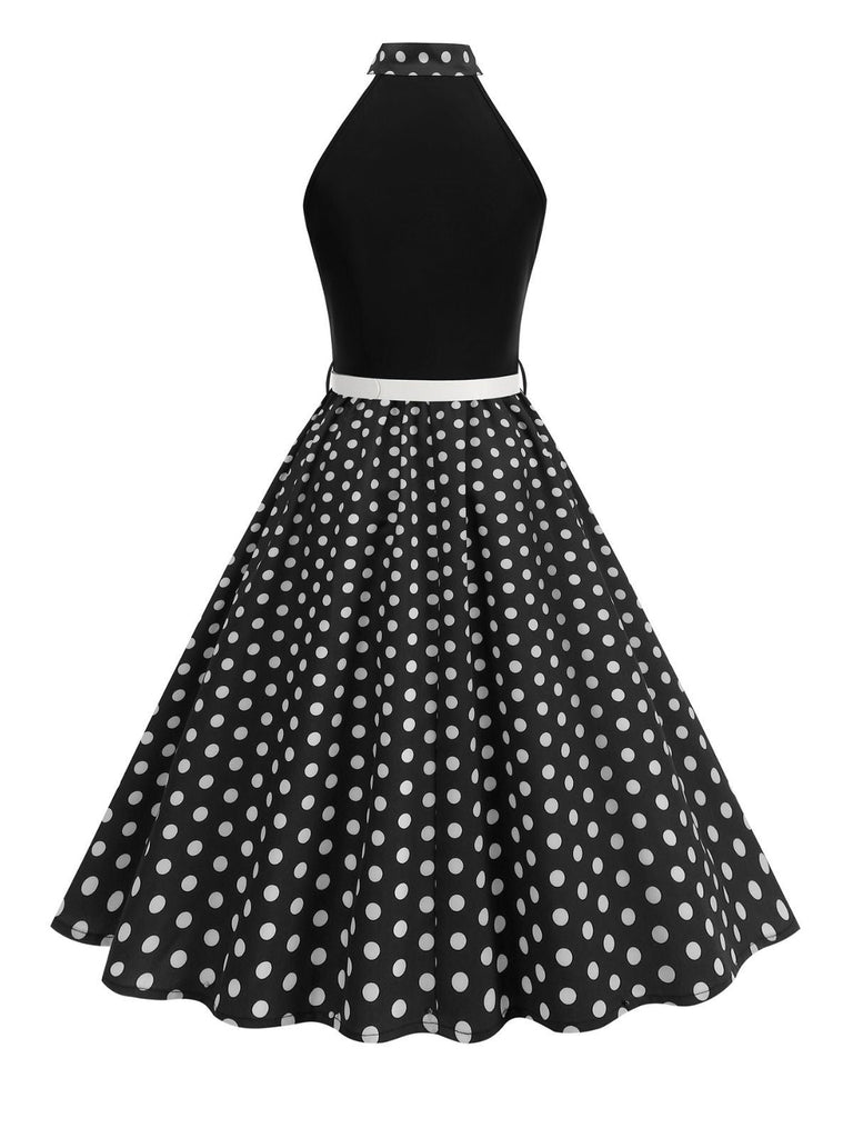 1950er Bogen Binde-Hals Polka Punkte Gürtel Kleid