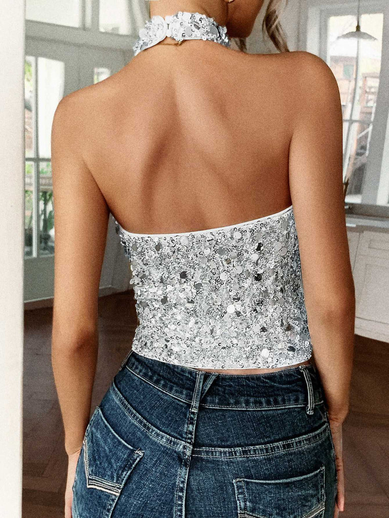 Metallic 1970er Halter Pailletten Ärmellos Top