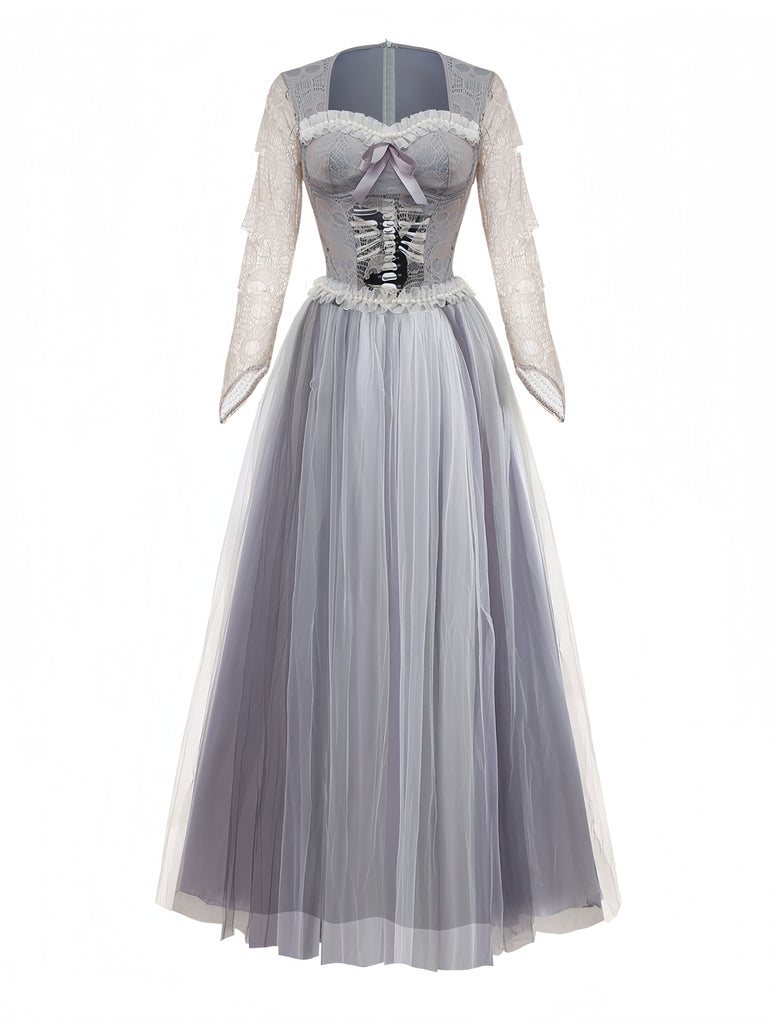 Grau 1930er Halloween Geisterbraut Netz Kleid