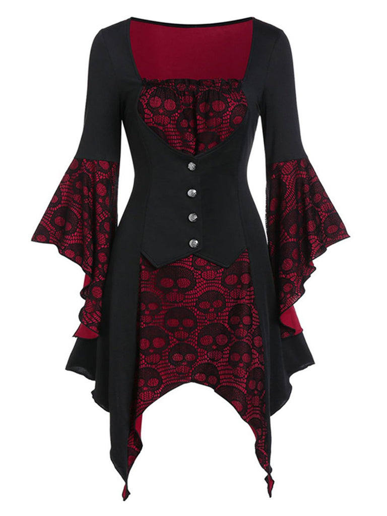 Weinrot & Schwarz 1940er Gothic Skelett Schädel Spitze Taste Kleid