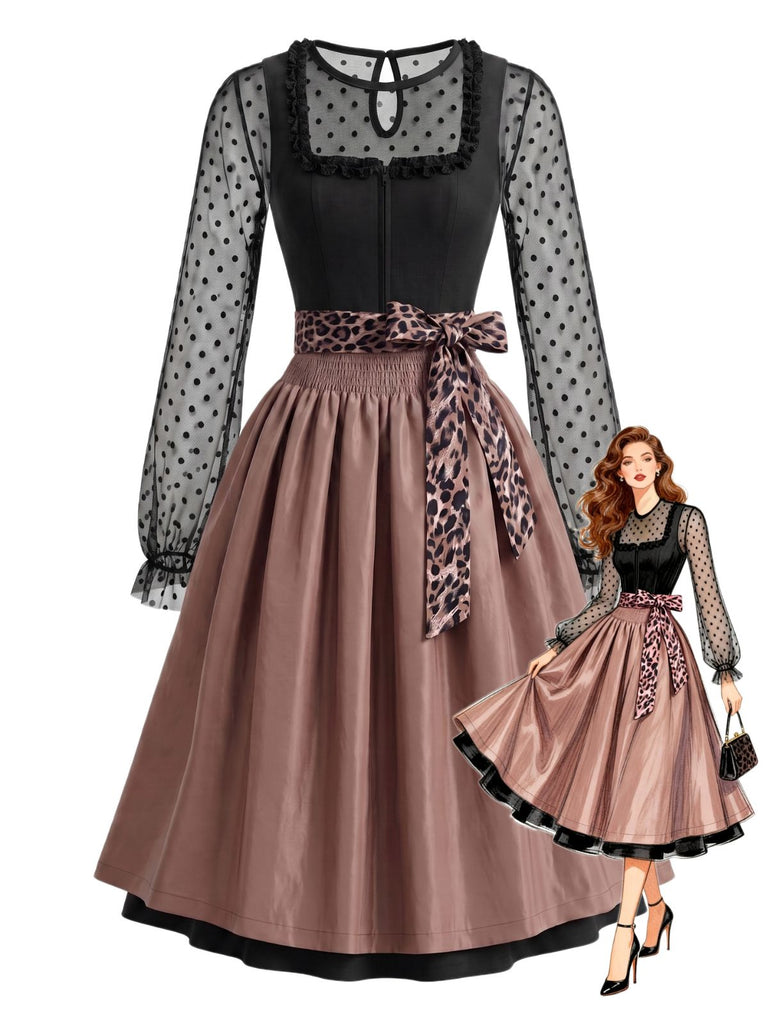 Schwarz-braunes Oktoberfest Dirndl-Set mit Leopardschürze