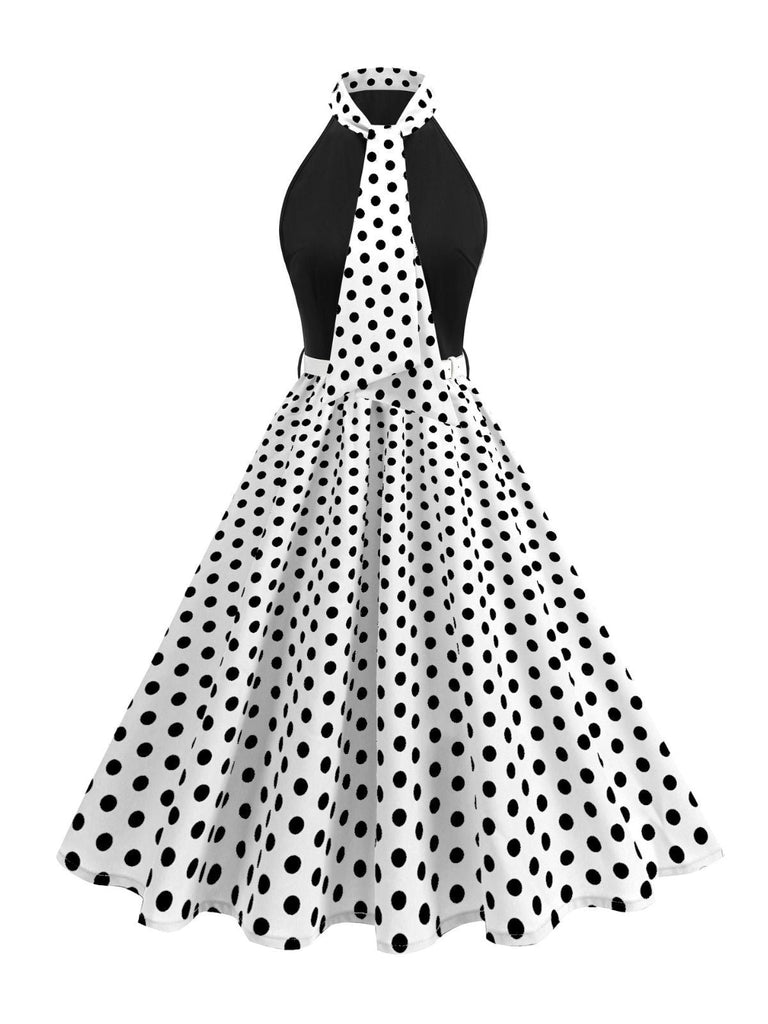 1950er Bogen Binde-Hals Polka Punkte Gürtel Kleid