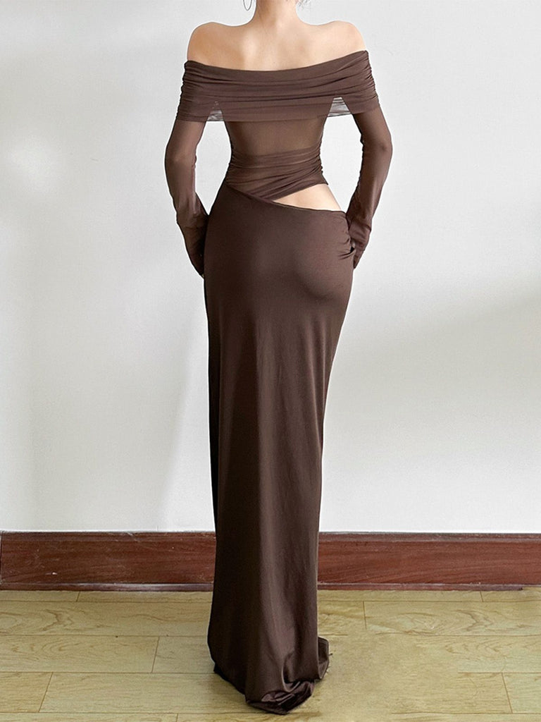 Schwarz 1980er Solide Schulterfrei Netz Cut-Out Durchsichtig Kleid