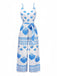 Blau 1930er Spaghetti Träger Muscheldruck Gürtel Jumpsuit