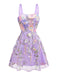 Lila 1950er Blumen Stickerei Netz A-Linie Kleid