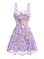 Lila 1950er Blumen Stickerei Netz A-Linie Kleid