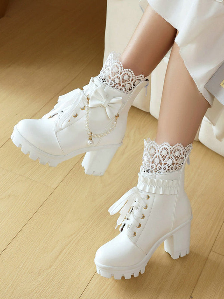 Vintage Spitze Perlen Bogen Blockabsatz Stiefel