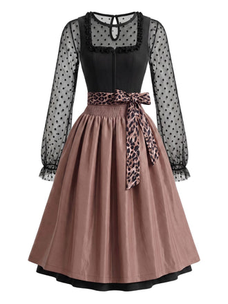 Schwarz-braunes Oktoberfest Dirndl-Set mit Leopardschürze