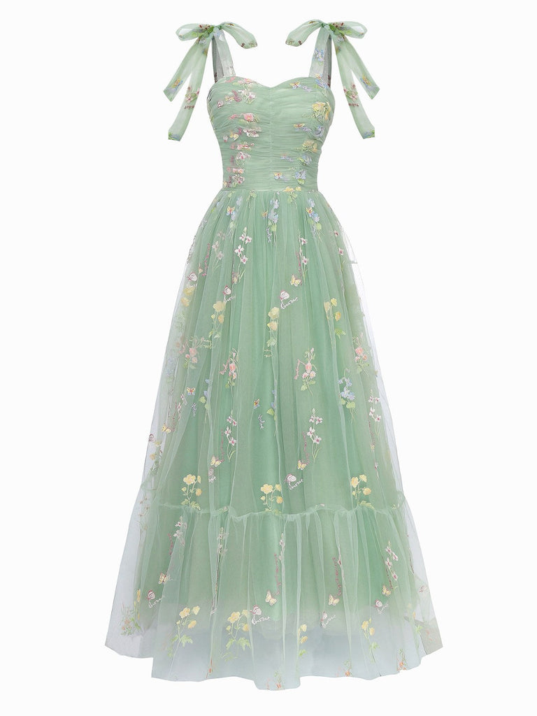 Grün 1930er Schulterkrawatte Stickerei Blumen Netz Kleid