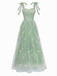 Grün 1930er Schulterkrawatte Stickerei Blumen Netz Kleid