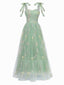 Grün 1930er Schulterkrawatte Stickerei Blumen Netz Kleid