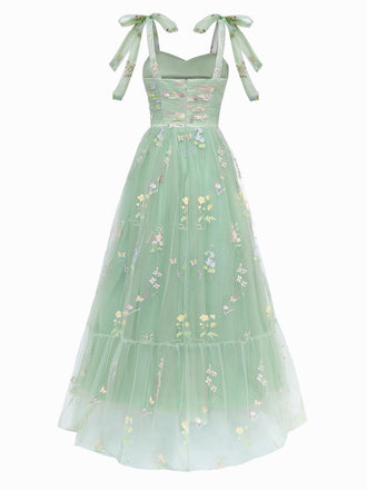 Grün 1930er Schulterkrawatte Stickerei Blumen Netz Kleid