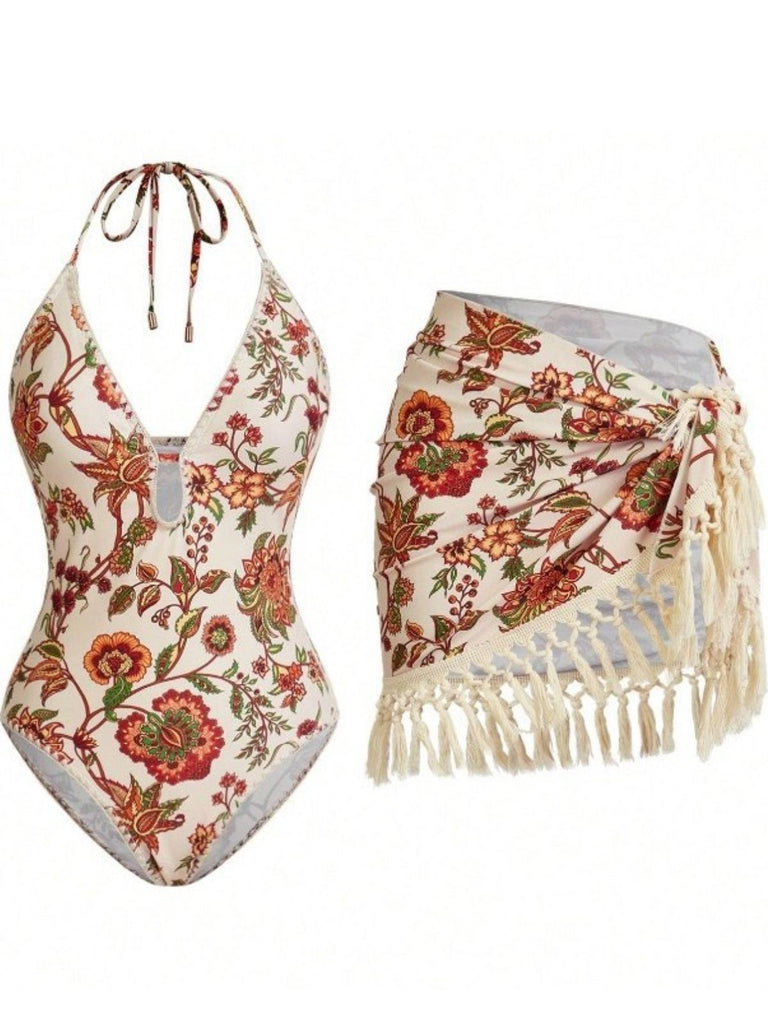 2PCS 1960er Tief V-Ausschnitt Fransen Badeanzug & Cover-Up