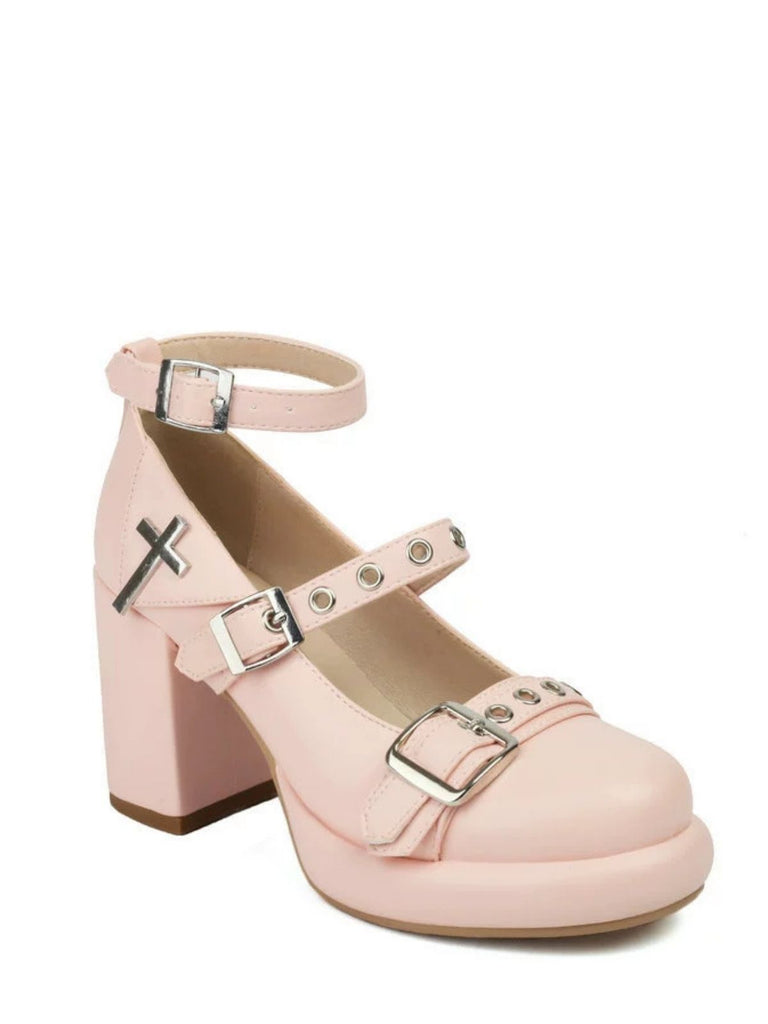 Punk Kreuzschnalle Knöchelriemen Chunky High Heels