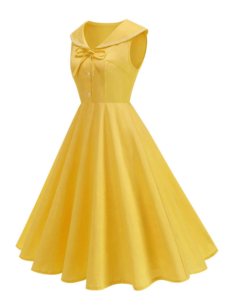 1950er Solide Matrosen Kragen Schleife Ärmellos Kleid
