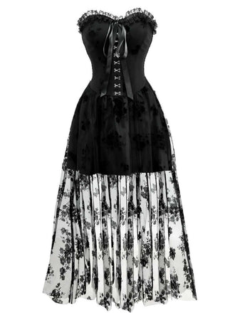 1970er Gothic Trägerlos Dunkle Braut Netz Korsett Kleid