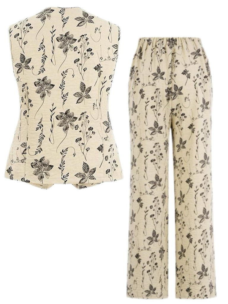 2PCS 1940er Blumen V-Ausschnitt Vest & Hosen