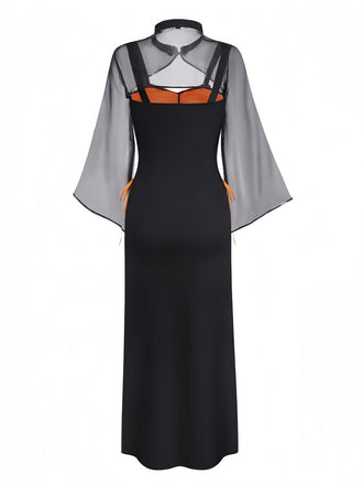 Orange 1940er Blumen Spitze Kleid mit Cape & Hut