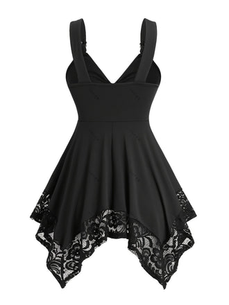 [Übergröße] Schwarz 1970er Solide Herz Taste Spitze Tunika Top