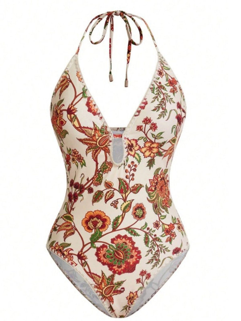 2PCS 1960er Tief V-Ausschnitt Fransen Badeanzug & Cover-Up