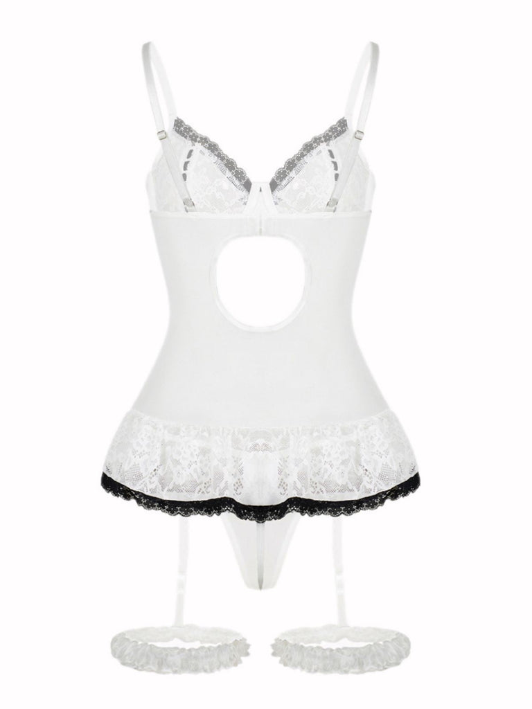 1970er Kontrastiert Spitze Netz Bogen Schnürung Dessous Set