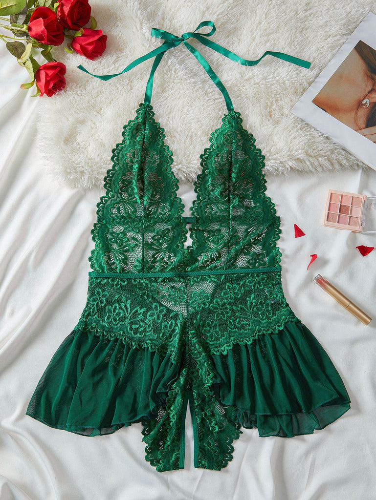 1980er Halter Spitze Dessous mit Leopard Druck Rock