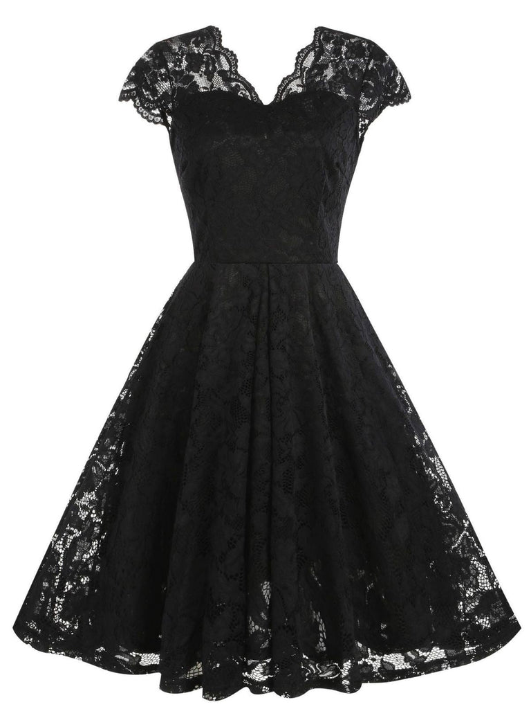 1950er Solide V-Ausschnitt Ärmellos Spitze Kleid