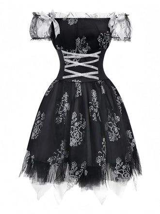 Schwarz 1970er Vampirbraut Schulterfrei Netz Kleid