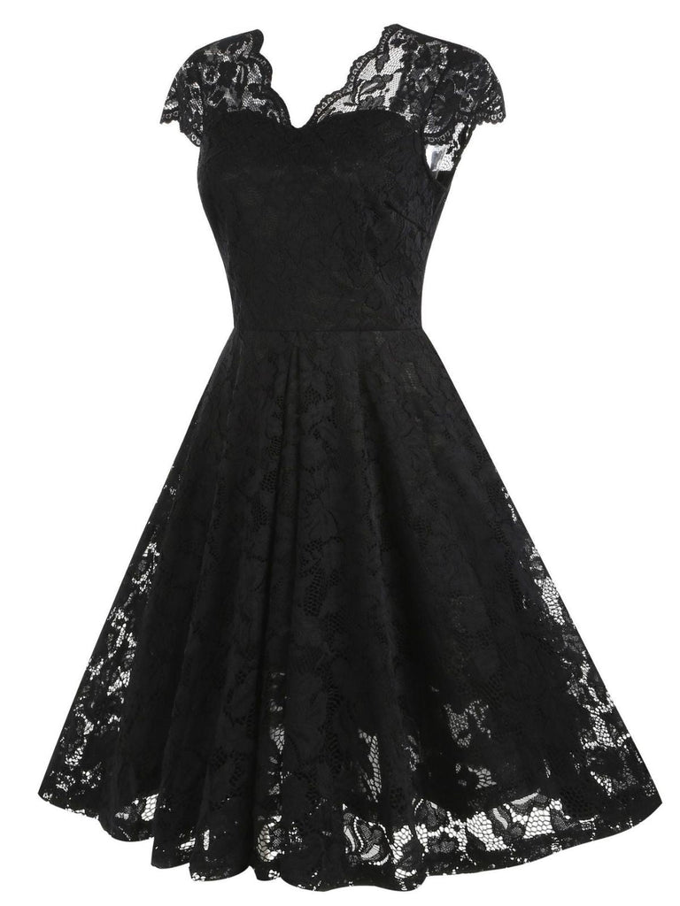 1950er Solide V-Ausschnitt Ärmellos Spitze Kleid