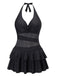 Schwarz 1940er Mehrlagiger Saum Halter Badekleid