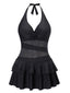 Schwarz 1940er Mehrlagiger Saum Halter Badekleid