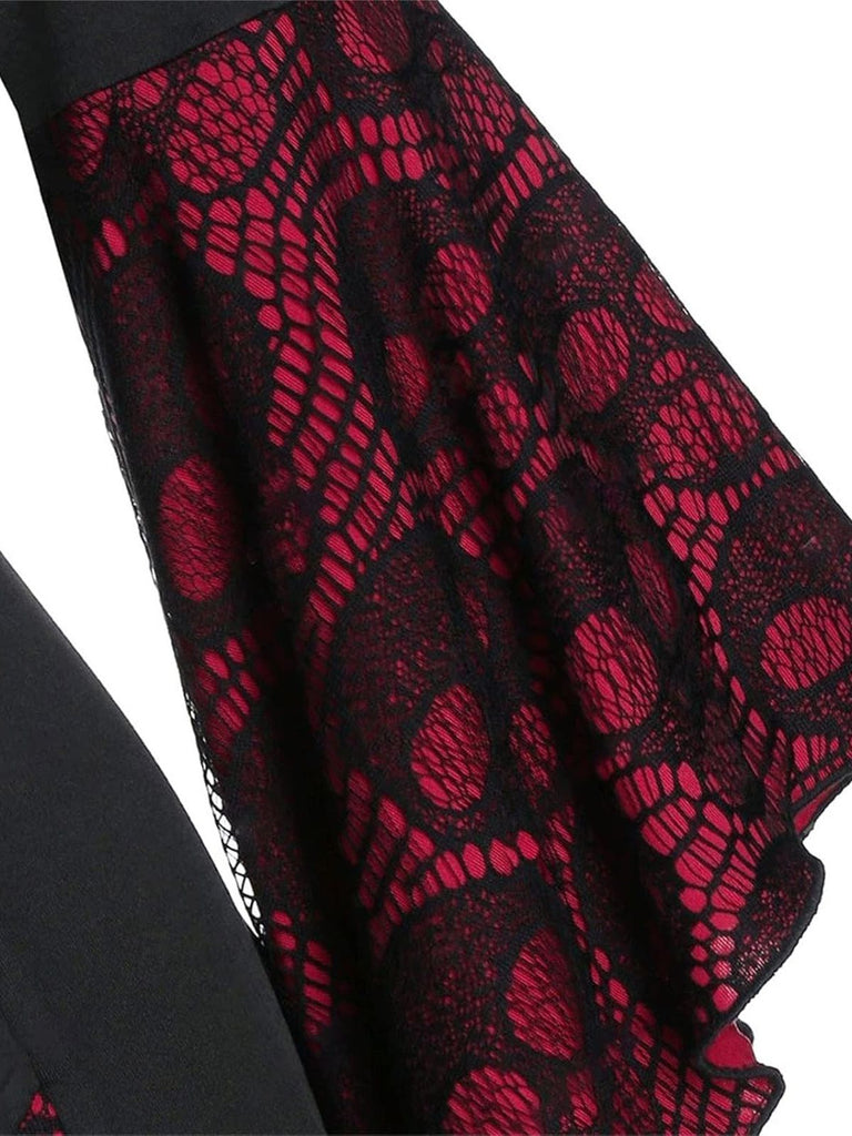 Weinrot & Schwarz 1940er Gothic Skelett Schädel Spitze Taste Kleid