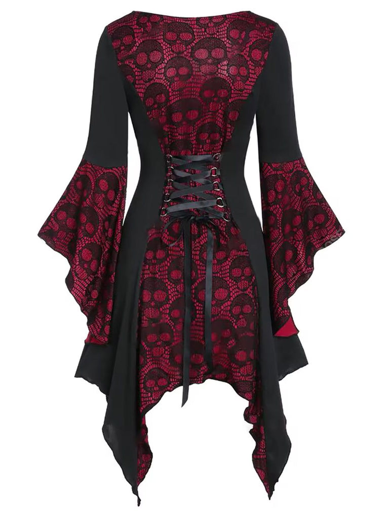 Weinrot & Schwarz 1940er Gothic Skelett Schädel Spitze Taste Kleid