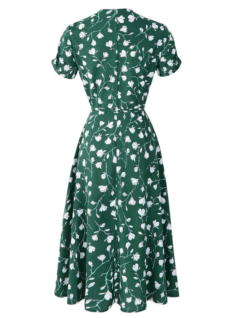 Grün 1940er V-Ausschnitt Blumen Kleid