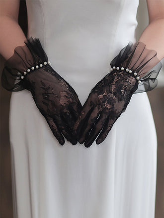 Schwarze Perle Genähte Chiffon Spitze Handschuhe