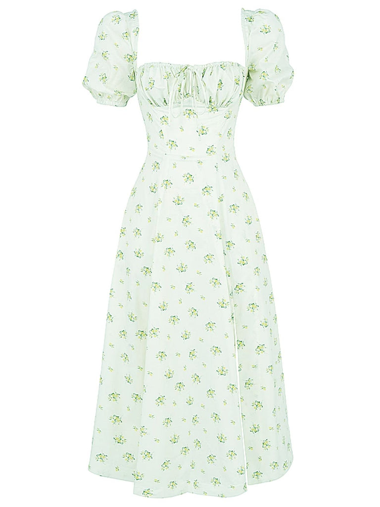 1940er Kleine Blumen Quadratischer Hals Schlitz Kleid