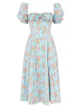 1940er Kleine Blumen Quadratischer Hals Schlitz Kleid