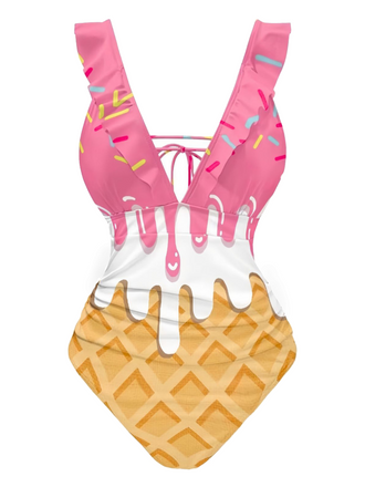 Rosa 1970er Rüschen Zurückbinden Eiscreme Badeanzug