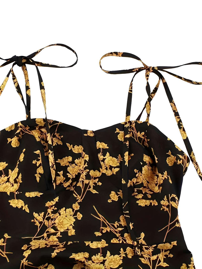 [Übergröße] Orange 1940er Kleine Blumen Spaghetti Träger Schnürung Kleid