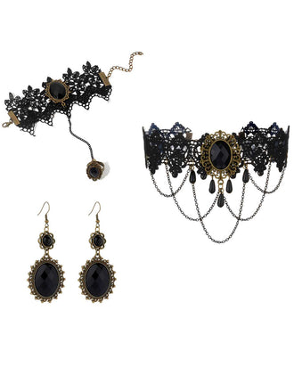 Schwarzes Vintage Spitze Kristall Gothic Schmuckset
