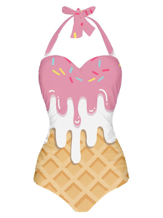 Rosa 1970er Eiscreme Halter Badeanzug
